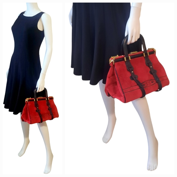 CESARE PICCINI Vintage Velvet Satchel w/ Leather Trim Red/Blk Gold HW - Picture 3 of 13